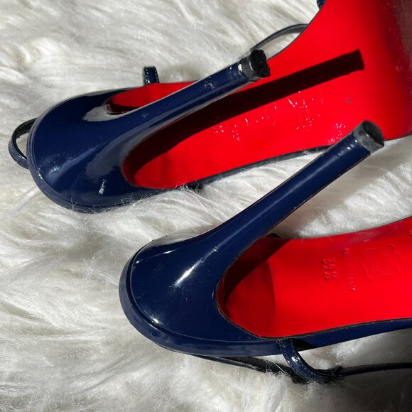 Christian Louboutin Navy Blue Patent Leather Strappy Heels Red Bottoms - Picture 8 of 10